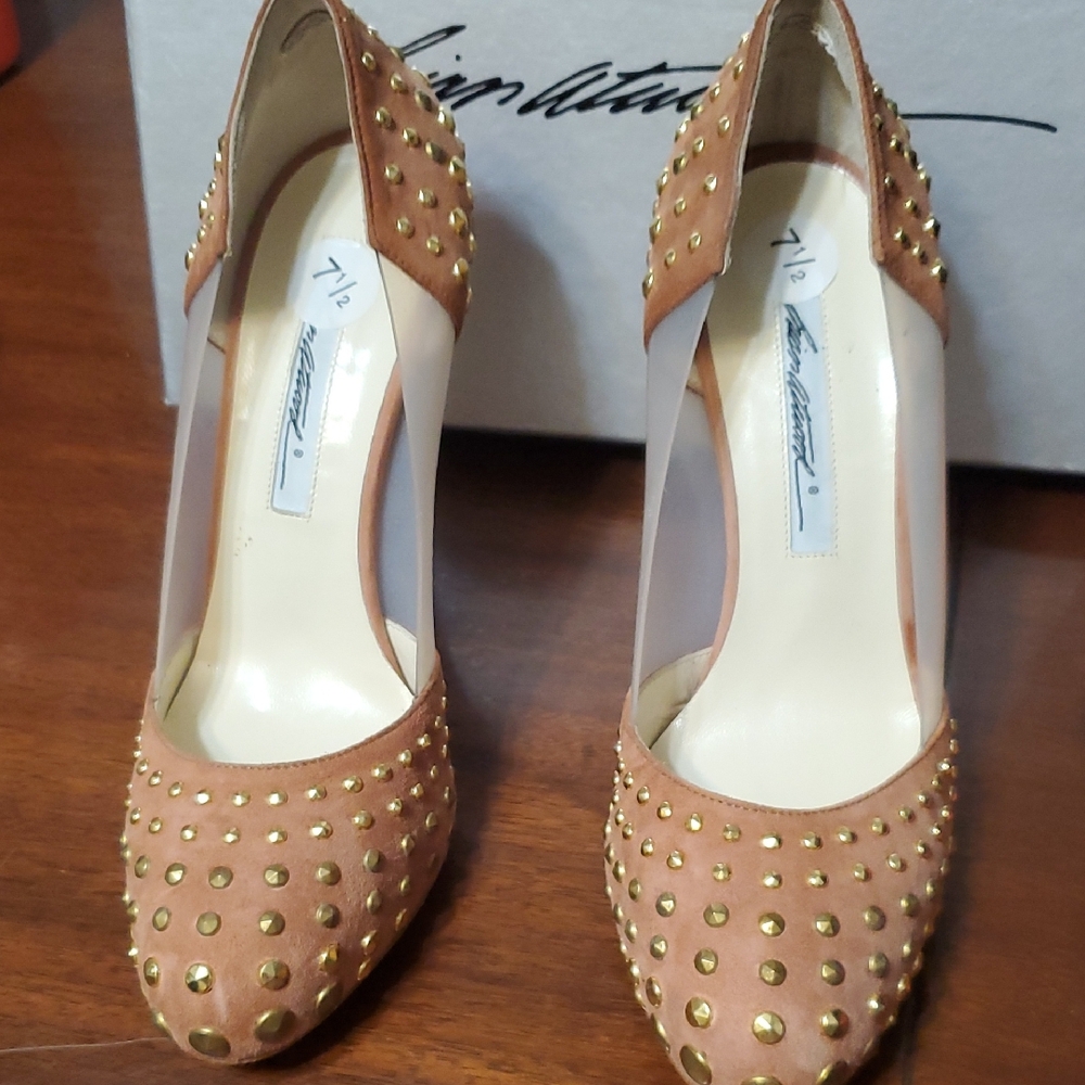 Brian Atwood Tan Gold Studded Heels